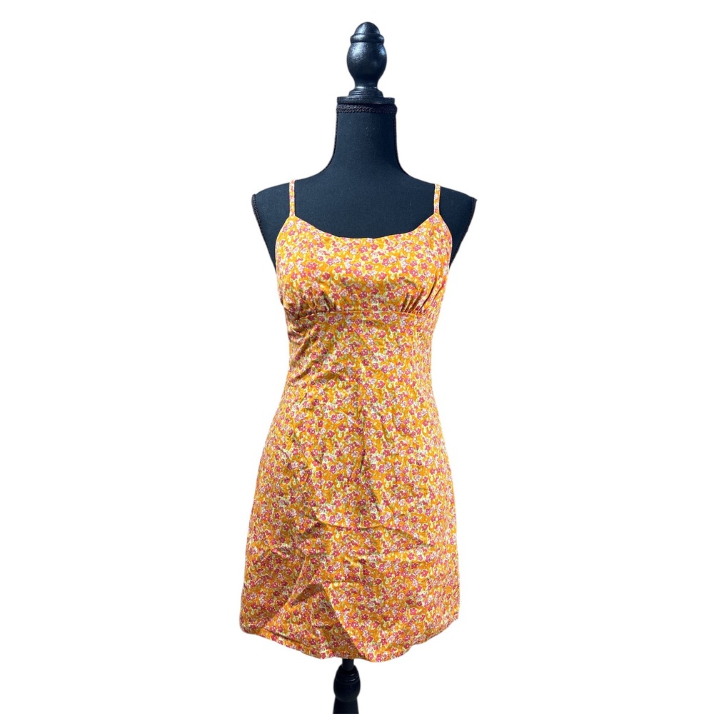 Wild Fable Orange Floral Ruched‎ Back Cutout Spaghetti Strap Mini Dress Size S